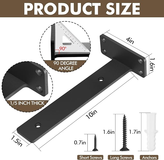 4 Pack Heavy Duty Metal Shelf Brackets 10 inch Long,Black | L-Shaped Wall Shelf Bracket Hidden & Decorative Shelf Bracket,1/5”-Thick,150 lbs of weight capacity