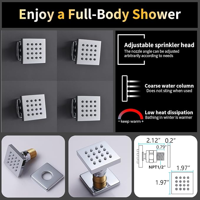 AYIVG Chrome Multi Functions Thermostatic Concealed Shower System 16 X 26 Inch And 8 inch Ceiling Dual Rainfall Shower Heads System Fixtures With Body Jets And Handheld Shower Faucet Set