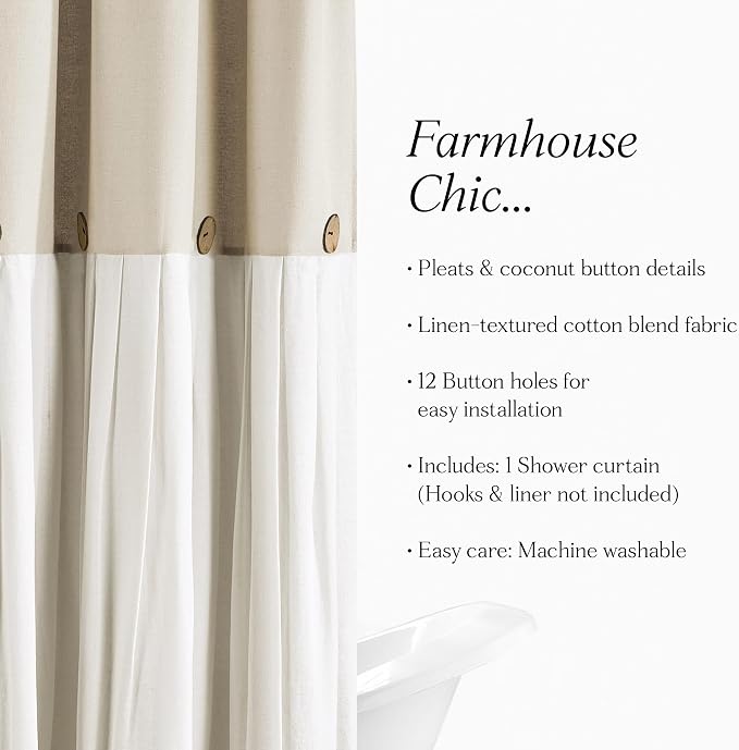 Lush Decor Linen Button Shower Curtain, 72" W x 72" L, Linen - Neural Shower Curtain Fabric - Bathroom Curtain - Farmhouse Bathroom Decor