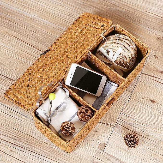 Seagrass Tank Basket with Lid Woven Toilet Roll Storage Basket with Sections Rectangular for Organize Snack Toys Tampon (Large Compartment 16.5inch L x 5.5inch W x 5.5inch H) Natural