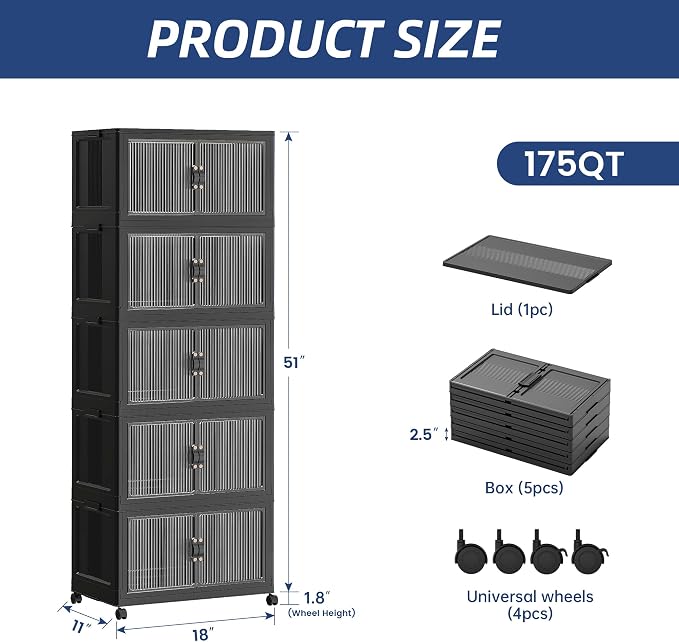 SAILUN 175Qt Stackable Storage Bins,Storage Cabinet with a Lid,5 Pack Black | Stackable Storage Drawers with Lids,18" W x 11" D x 51" H,Featuring open-front Access for Clothes and Closet Storage