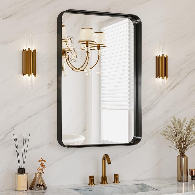 Bathroom Mirror for Wall, 30x20 Inch Rectangle Mirror,Matte Black Metal Framed Bathroom Vanity Mirror for Restroom Farmhouse, HD Tempered Glass,Anti-Rust Aluminum Alloy Mirror