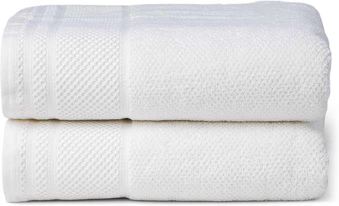Texere 100% Organic Cotton Rice Weave Jacquard 700 GSM Luxury Bath Towel Sets - Ultra Soft and Absorbent Hotel and Spa Quality (Rice Weave, Bright White, 2 Bath Towels)