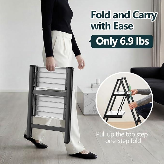 2 Step Foldable Step Stool, 300lbs Load, Black & White | Folded 27''H x 3''T; Net 6.9 lbs; Non-Slip Feet: Wood/Tile/Carpet; Rigid Aluminum Steps; No Assembly; Ready From Box.