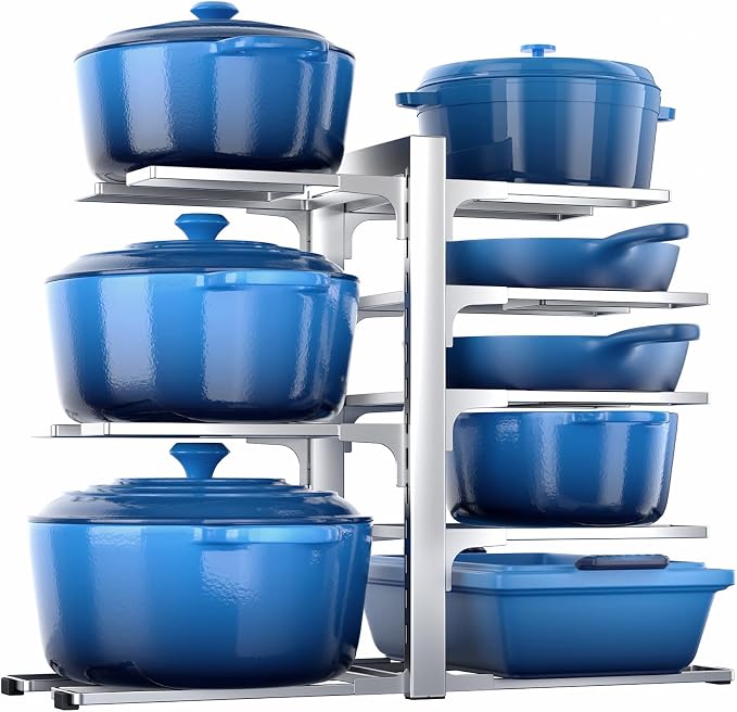 Pots and Pans Organizer Under Cabinet 15.8" 8-Tier Adjustable Silver | 2 DIY Modes, Tool-Free Assembly, Max 120 Lbs, Fits Cast Iron Pans, Dutch Ovens & Heavy Cookware, For Kitchen Cabinets