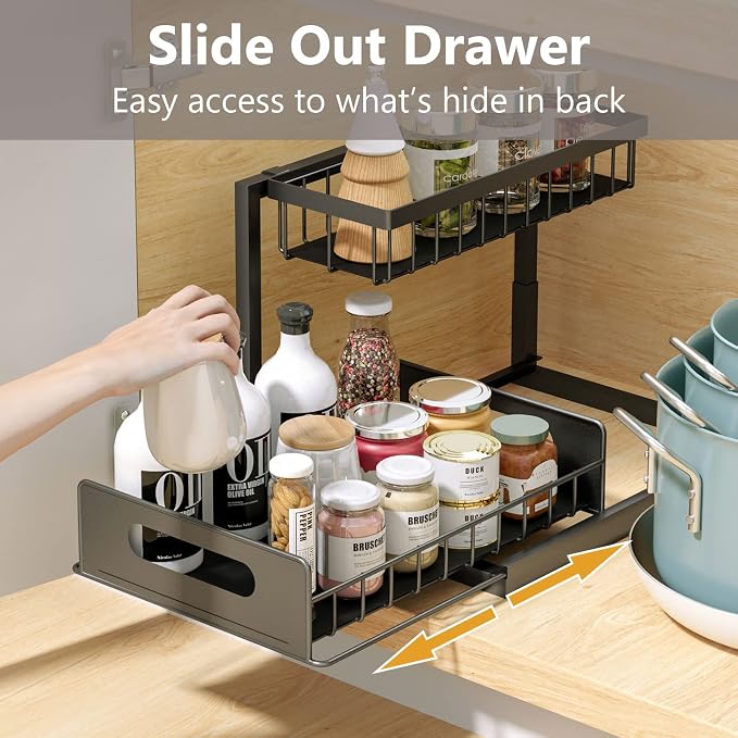 Ceetug Slide Out Under Sink Organizers and Storage, Black, 2 Pack | 2 Tier, Sturdy Metal, Cabinet Organizer, for Kitchen Bathroom