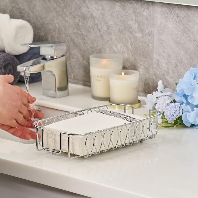 Guest Towel Holder Tray for Bathroom Countertop, Silver Metal | Guest Bathroom, Powder Room & Vanity Use