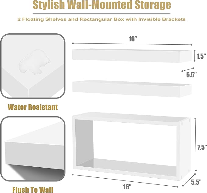 Sorbus Floating Shelves for Wall Set of 3 - Bathroom Shelves for Wall Storage, Over Toilet, Bedroom, Farmhouse, Decor - 2 Floating Shelves with Invisible Brackets & 1 Rectangular Box