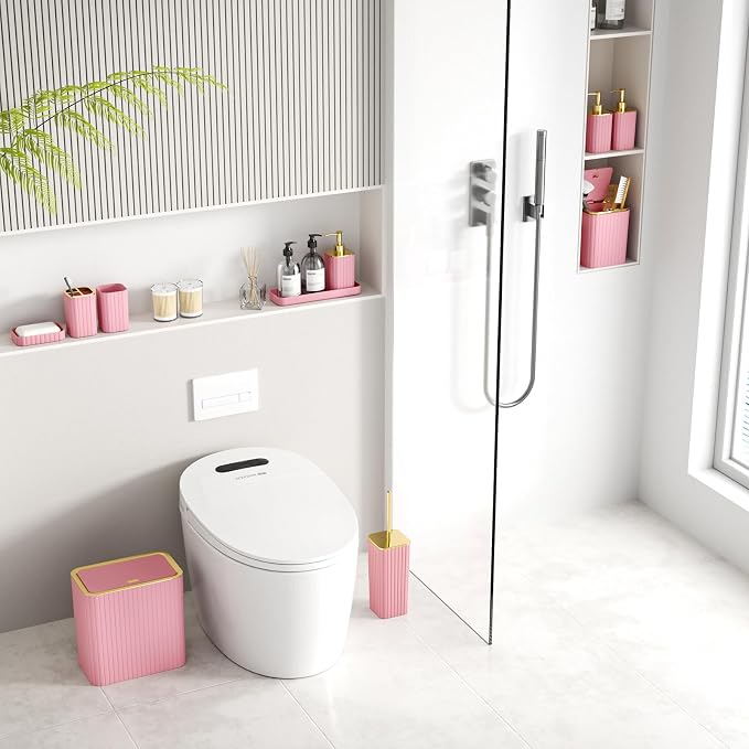 Bathroom Accessory Set - Bathroom Set, 12PC Bathroom Accessories Set, Pink Bathroom Accessories Set, Mini Trash Can, Toilet Brush, Trash Can & Soap Dispenser