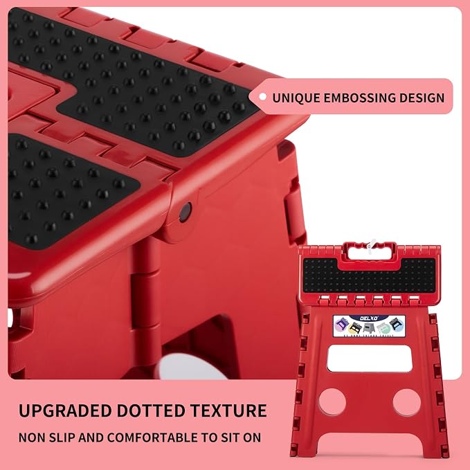 Delxo Folding Step Stool 13 Inch,300 Lbs Step Stool for Adults Red | Foldable Step Stool 13",Non-Slip Foot Stools with Handle,Lightweight Collapsible stools for Kitchen,Bathroom,Bedroom,Garden