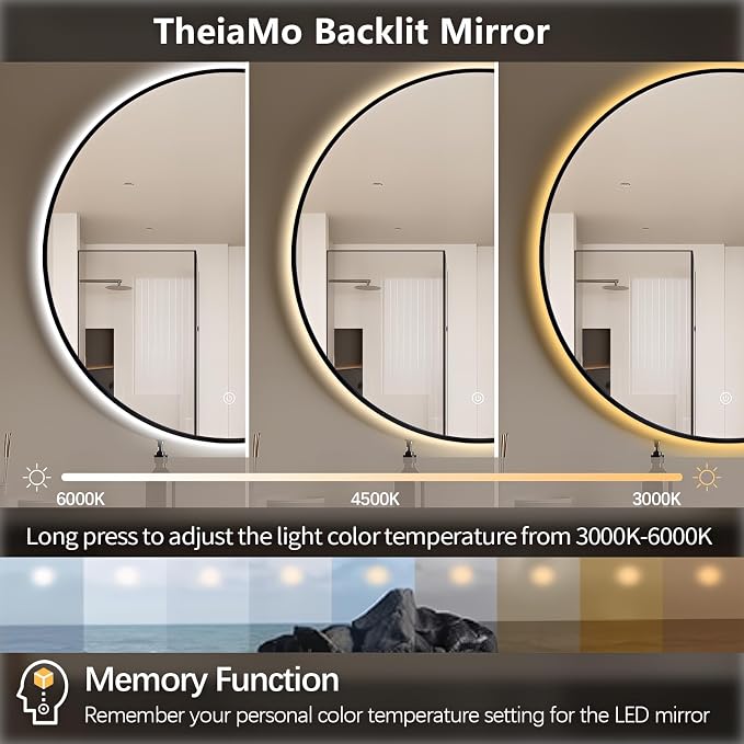 28" Round LED Bathroom Mirror, Wall Mounted Backlit Vanity Mirror with 45° Beveled Frame Lighted Mirror for Bedroom, Fog Free 3-Color Dimmable Lights Memory Function, Black