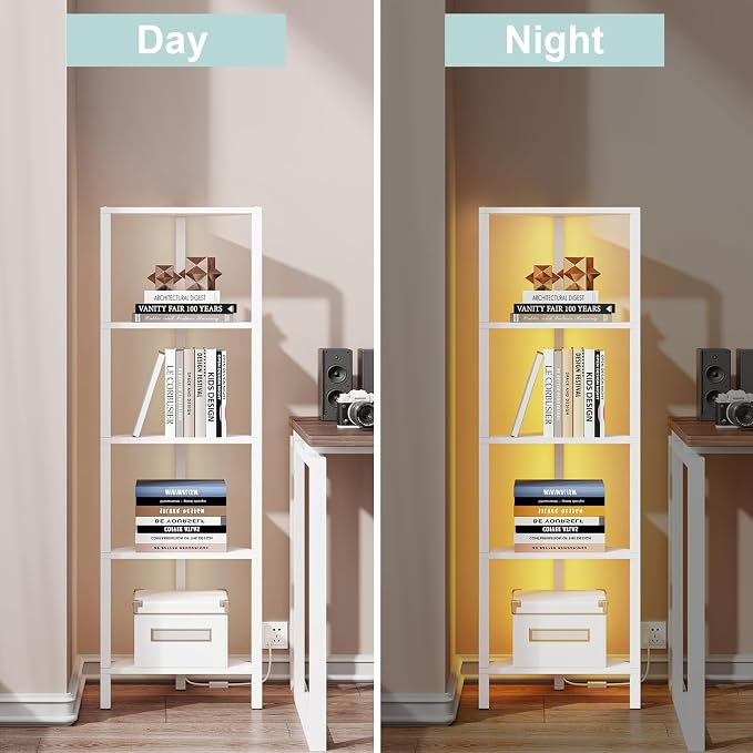 TUTOTAK Corner Shelf with LED Light, 5-Tier Corner Bookshelf | for Small Space, Narrow Display Corner Shelf Stand with Storage Rack, for Living Room, Bedroom, White BS05BW005L