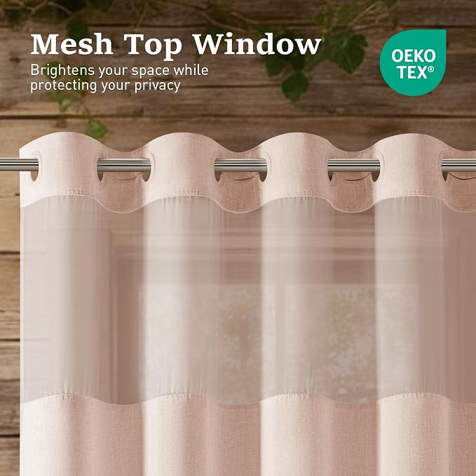 72x87 Ringless Linen Textured Shower Curtain with Snap in Liner, Blush | Extra Long Size, 3 in 1 Durable Fabric Shower Curtain, Removable Liner, Waterproof & Washable, Mesh Top Window, Easy Setup