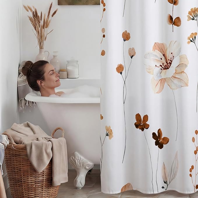 No Hook Floral Shower Curtain with Liner, Burnt-Orange, 71x74 | Snap in Liner, 3 in 1, Water Repellent, Easy Install, Machine Washable, Hotel Style for Bathroom, Watercolor Pattern