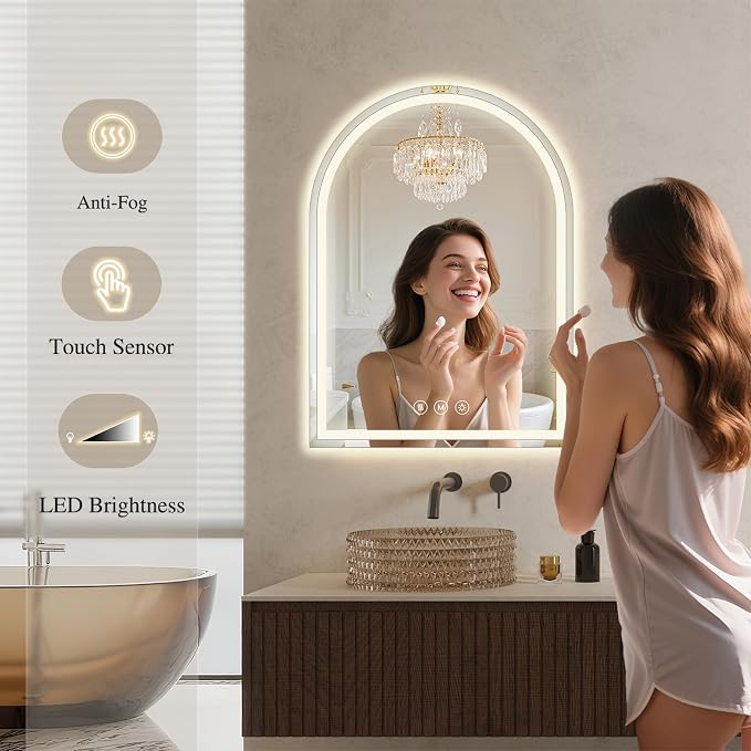 Arched LED Bathroom Mirrors with Lights 20"x28" LED Mirror for Bathroom, Anti-Fog, Anti-Fog, Dimmable, 3 Color, Shatterproof, Touch Sensor