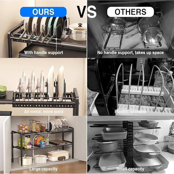 Mustorn Pots and Pans Organizer Under Cabinet, Expandable 2 Tier Under Sink Organizers and Storage Adjustable Height Kitchen Pot and Pan Lid Holder Rack with 6 Dividers(6panels,1 Pot rack, Black)