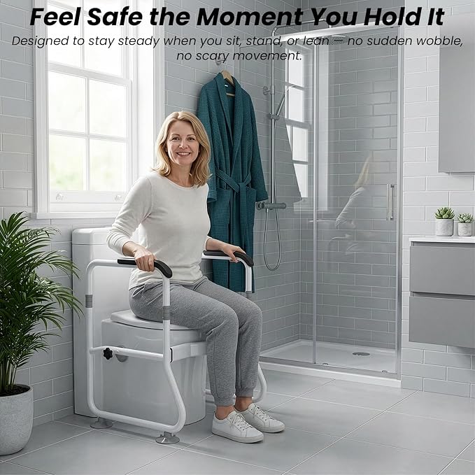 Toilet Safety Rails, Bathroom Stand Assist Aid for Elderly | Adjustable Anti-Slip Toilet Handles Bar with Wide Base, Tool-Free Assembly for Seniors, Disabled & Post-Surgery Recovery
