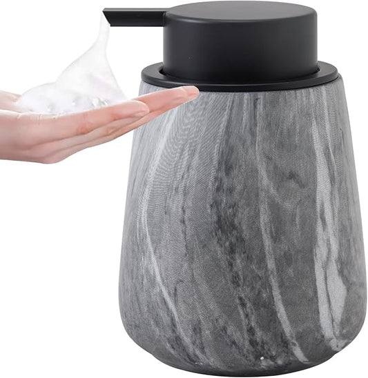12Oz Foaming Hand Soap Dispenser - Ceramic Bathroom Foam Soap Dispenser with Easy-to-Press Black Pump, Refillable Lotion Hand Dispenser, Dish Soap Dispensers for Kitchen, Marble Grey