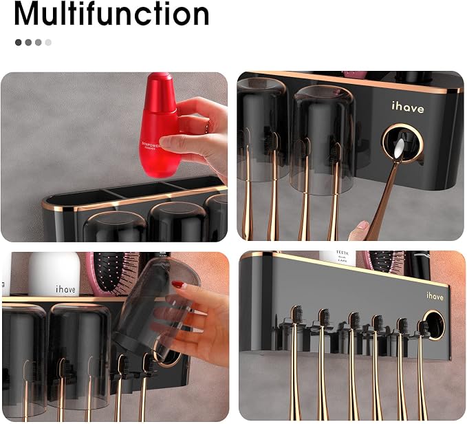 iHave Toothbrush Holders for Bathrooms Wall Mounted with Dispenser & 3 Cups | 9 Slots Wall Mount Toothbrush Holders for Bathrooms with Squeeze Toothpaste Dispenser, 3 Cups & 3 Compartments Organizer