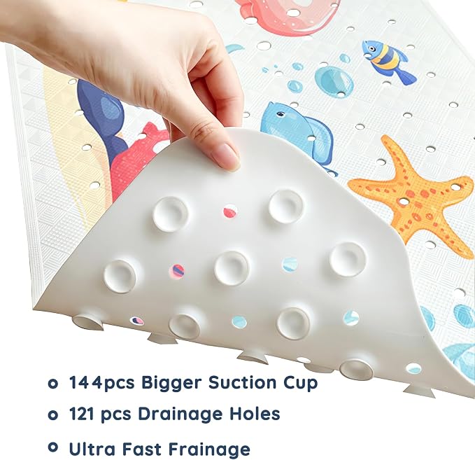LNOND Bath Mat for Tub for Kids, Sea World Bathtub mat Non Slip, Jellyfish Starfish Coral Bath Mats for Bathroom Non Slip with Drain Holes and Suction Cups,Machine Washable (40 X 16 Inch)