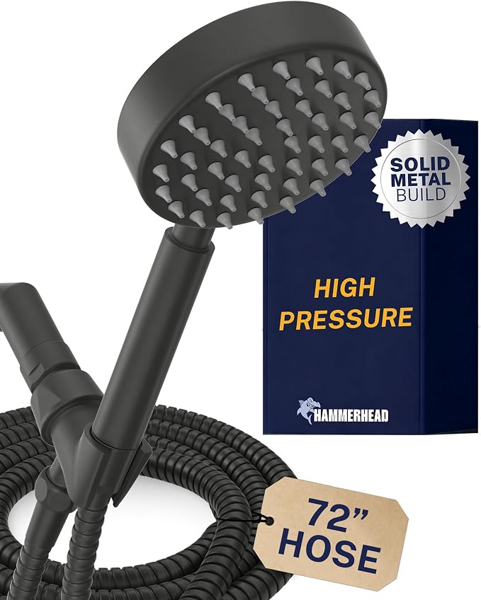 HammerHead Showers® Solid Metal Handheld Shower Head with Hose and Brass Holder - MATTE BLACK - 2.5 GPM High Pressure Shower Heads with Adjustable Shower Wand Bracket - 6ft Flexible Extension