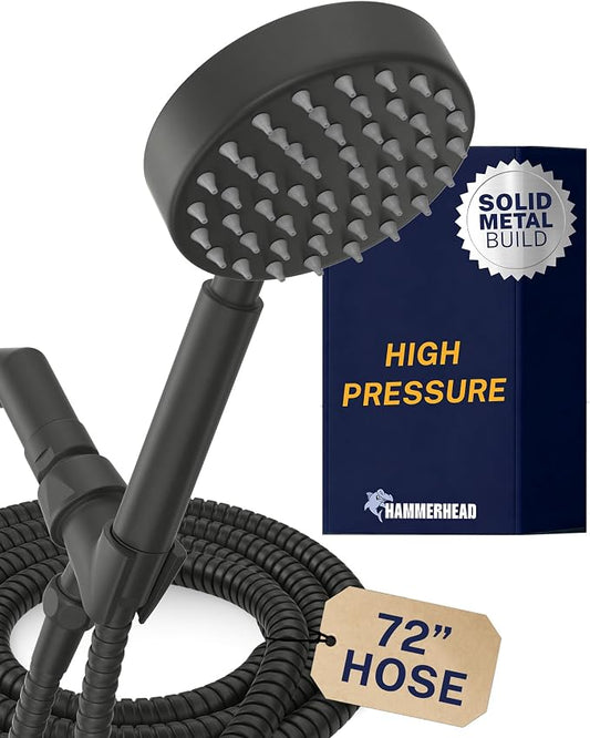 HammerHead Showers® Solid Metal Handheld Shower Head with Hose and Brass Holder - MATTE BLACK - 2.5 GPM High Pressure Shower Heads with Adjustable Shower Wand Bracket - 6ft Flexible Extension