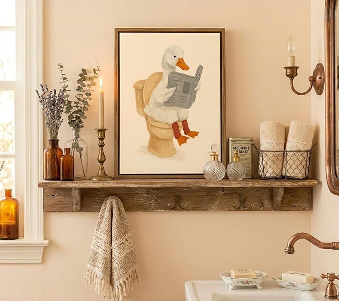 Floating Framed Funny Bathroom Goose Canvas Wall Art Cute Duck Painting Picture Wall Decor Reading Newspaper Goose Poster Print Artwork for Washroom Bathroom Restroom Home Decoration 12x16in
