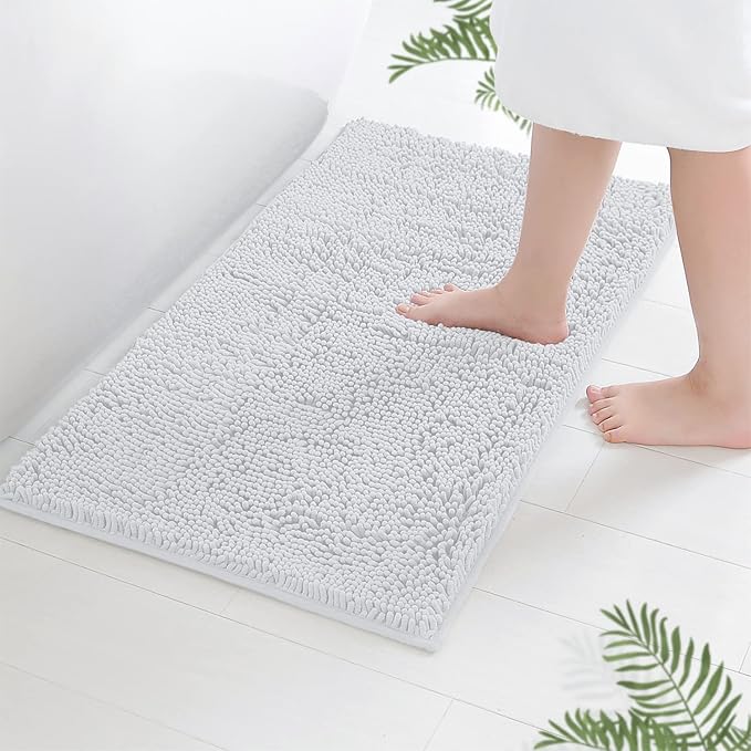 LuxUrux Ultra-Soft Chenille Bath Mat - Plush Microfiber Bathroom Rug, Super Absorbent & Quick-Dry, Cozy Shaggy Design, Machine Washable (24 x 36 inches, White)