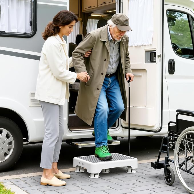 SOYO Mobility One Step Stool Platform for Adults & Elderly, White-Gray | Adjustable Small Step Riser for Seniors, Indoor Outdoor Non-Slip Standing Support Portable Low Step for Car, Bed, Bathroom