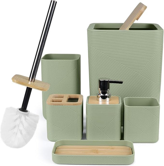 CERBIOR Bamboo Bathroom Accessories Set 6 Piece Square Spiral Set,Green | Includes Soap Dispenser, Toothbrush Holder, Toothbrush Cup, Soap Dish for Decorative Countertop and Housewarming Gift