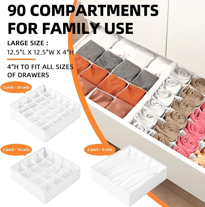 Drawer Organizer - 6 Set Clothes Organizer for Closet & Bedroom - 90 Cells Bins for Sock, Underwear, Bra, Baby Clothes - Washable & 10xDurable than Non-Woven Fabric (White)