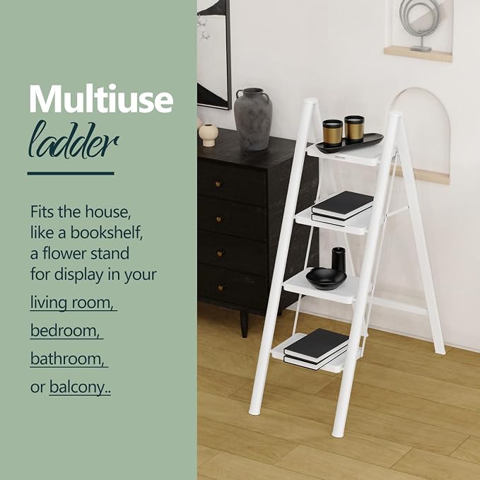 4 Step Foldable Step Stool, 330lbs Load, White | Folded 46'' H x 2'' T; Net 12.5 lbs; Anti-Slip Feet Grip Wood, Tile, Carpet; Wide Pedals; For Shelves, Repairs.