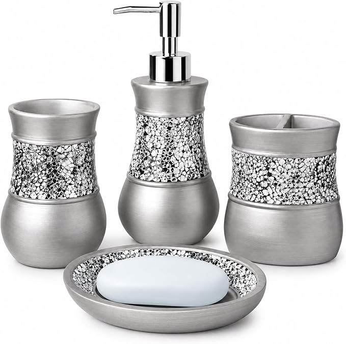 Creative Scents 4 Pc. Resin Bathroom Accessory Set | Silver Crackled Glass | Includes Soap Dispenser, Toothbrush Holder, Tumbler Cup and Soap Dish