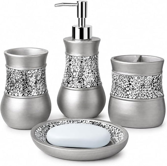 Creative Scents 4 Pc. Resin Bathroom Accessory Set | Silver Crackled Glass | Includes Soap Dispenser, Toothbrush Holder, Tumbler Cup and Soap Dish