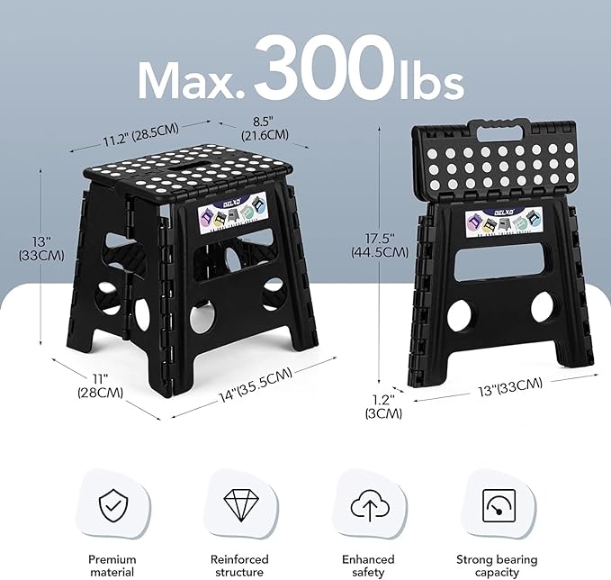 Delxo Folding Step Stool 13 Inch,300 Lbs Step Stool for Adults Black | Foldable Step Stool 13",Non-Slip Foot Stools with Handle,Lightweight Collapsible stools for Kitchen,Bathroom,Bedroom,Garden