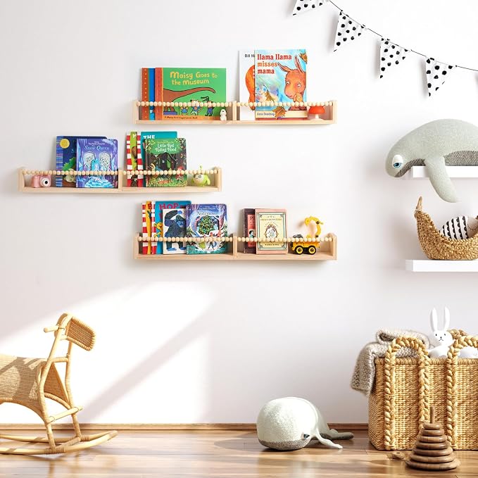 32 Inch Floating Shelf with Wooden Bead Design - Solid Pine Wall Mounted Bookshelf, Child-Safe Nursery Storage for Kids Room Decor, Set of 3(Pre-Strung Bead Strings)