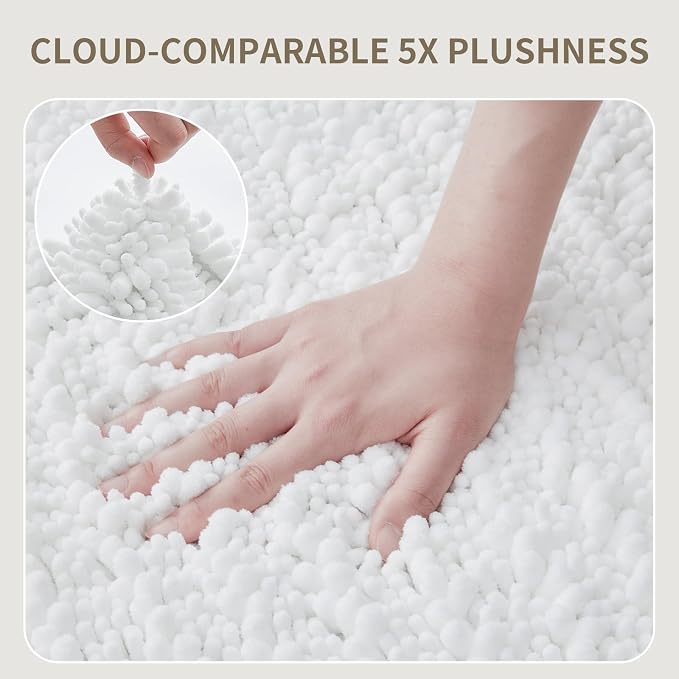 Bathroom Rugs Non Slip Washable 60x24, Extra Thick Soft Chenille Absorbent Bath Mat, High Density Barrier Non Slip Backing, Quick Dry Plush Shaggy Floor Carpet for Tub&Shower, White