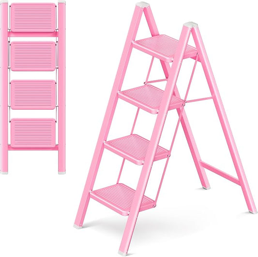 4 Step Ladder, Foldable Step Stool with Widened Pedal, Pink | Sturdy Carbon Steel, Anti-Slip Feet, Portable, 330LBS Capacity, Space Saving, for Kitchen, Bedroom, Pantry Use