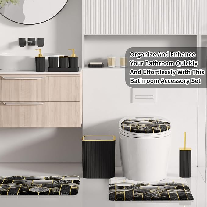 XLHOMO Bathroom Set - 26PC Bathroom Set with Shower Curtain and Rugs, Bathroom Accessory Set, Black Bathroom Accessories Set, Trash Can & Soap Dispenser