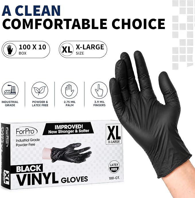 ForPro Disposable Vinyl Gloves, Industrial Grade, Powder & Latex Free, Non-Sterile, Food Safe, 2.75 Mil Palm, 3.9 Mil Fingers