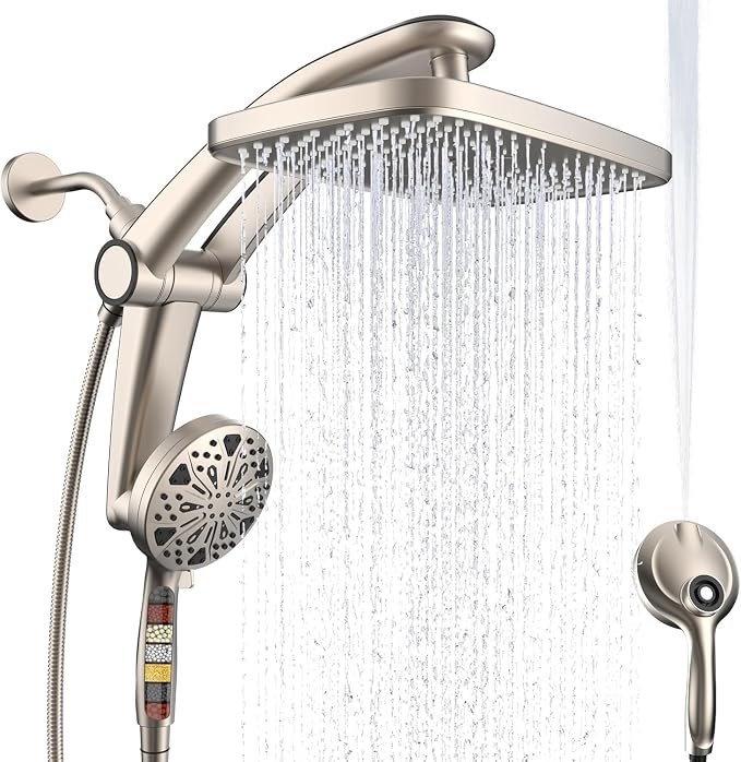 12-Inch High Pressure Rain Shower Head with Handheld Spray Combo, Magnetic | Dual shower heads; one-piece bracket adjusts height and angle; 9 settings: 8 sprays + 1 Power Jet for cleaning; easy install
