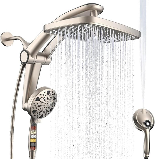 12-Inch High Pressure Rain Shower Head with Handheld Spray Combo, Magnetic | Dual shower heads; one-piece bracket adjusts height and angle; 9 settings: 8 sprays + 1 Power Jet for cleaning; easy install