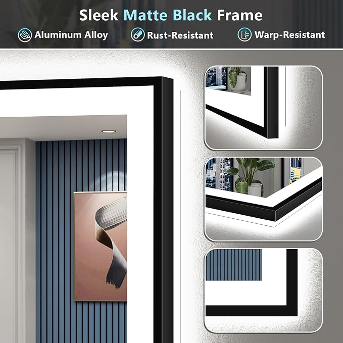 60x40 Black LED Bathroom Mirror, Backlit & Front Lit Lighted Mirror | Metal Framed Anti-Fog Vanity Mirror with Lights, 3 Color Dimmable, Memory, HD Tempered Glass, CRI95, UL Listed, Wall Mounted