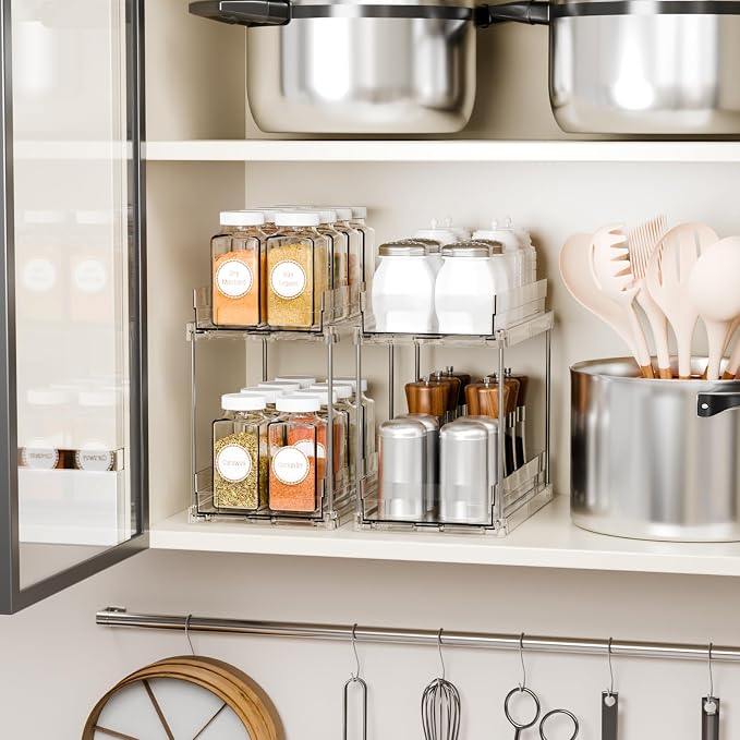 4 Set Bathroom Organizers and Storage,2 Tier Clear Under Sink Organizer and Medicine Cabinet Organizer for Kitchen,Pantry Storage,Pull Out Drawers for Skincare,Pill Bottle,Spice Organization
