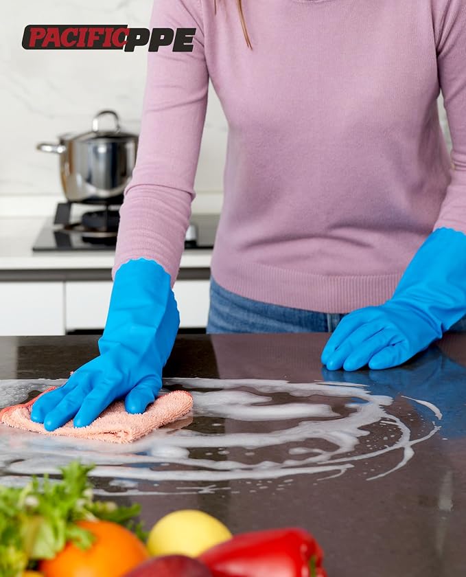 2 Pairs Dishwashing Gloves, Cotton Flocked Liner, Blue, Large | Waterproof dishwashing gloves with non-slip grip, Latex-Free, flexible fit for kitchen, bathroom, laundry & cleaning