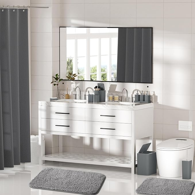 Bathroom Accessory Set - Bathroom Set, 27PC Bathroom Accessories Set, Grey Bathroom Sets with Shower Curtain and Rugs, Mini Trash Can, Toilet Brush, Trash Can & Soap Dispenser