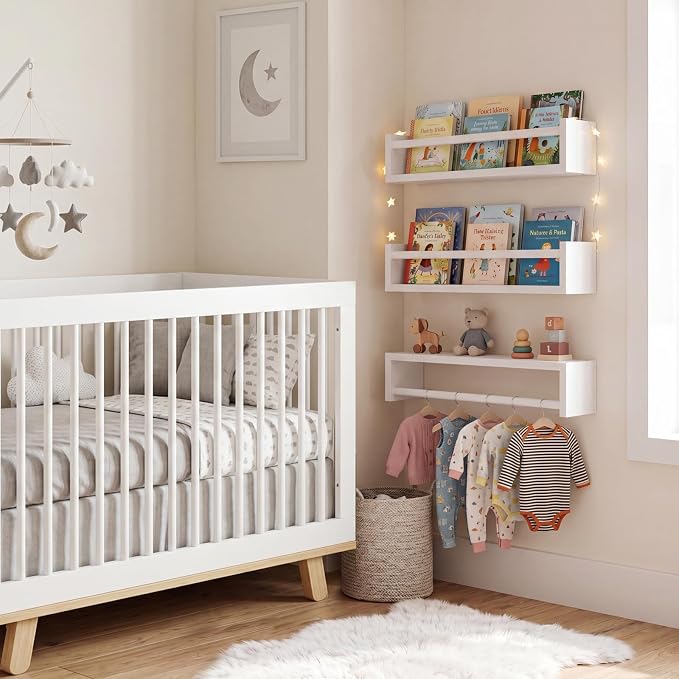 Fixwal Floating Nursery Book Shelves for Wall, 16.5in, Set of 3, White | Solid wood shelves store kids' books, toys and clothing. Fits kids' room, playroom, nursery, living room, bedroom & bathroom.