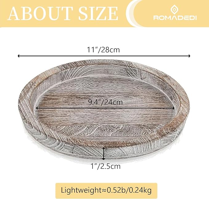 Wooden Decorative Tray Candle Holder: Romadedi Round Wood Tray Home Decor, Whitewash Rustic Trays for Farmhouse Dinning Table Kitchen Countertop Coffee Table Wedding Centerpiece, 11inch, Size L | Wood Decorative Pillar Candle Tray, For Coffee Table, Ki...