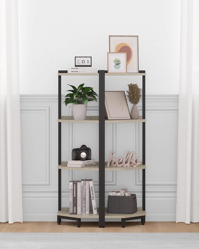 Hzuaneri Corner Shelf Stand 4-Tier Corner Bookshelf Storage Standing Shelf | Bookcase Plant Stand with Metal Frame for Living Room, Home Office, Bedroom, Greige CS05805B