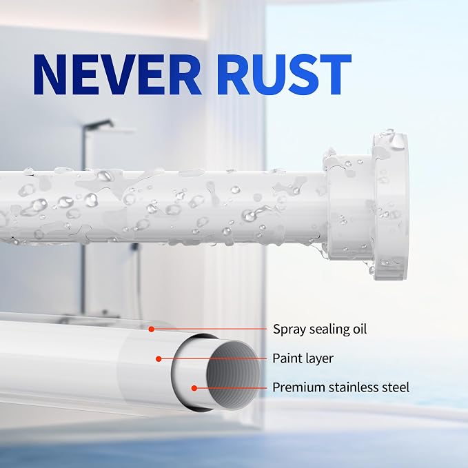 Mcrbeay Shower Curtain Rod, 1" Diameter Heavy Duty Tension Shower Rod | Adjustable 28-74 inch Non Slip No Drill Spring Tension Rod For Bathroom, Shower Stall, No Rust, White